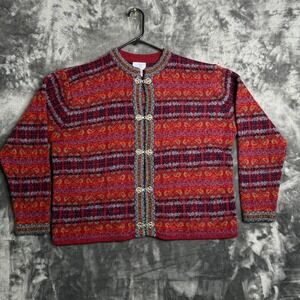 Carrool Reed Womens Fair Isle Nordic Cardigan Boxy X-Large Wool Red Clasp